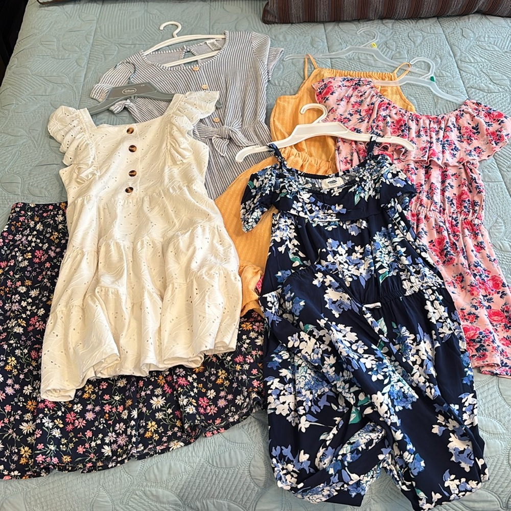 6 for $12 - 2 dresses, 1 skirt, 3 rompers-sizes 10/12
